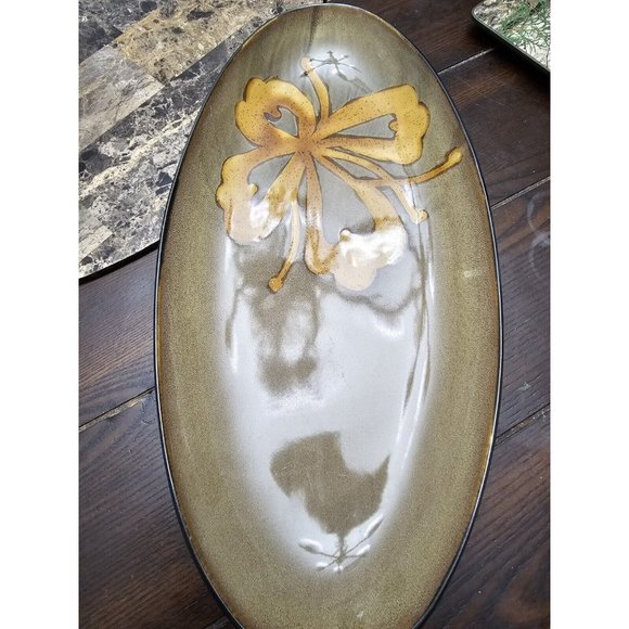 Pier One Kioko Collection Oval Platter 15.5" Long Green With Brown Flower - Picture 1 of 5